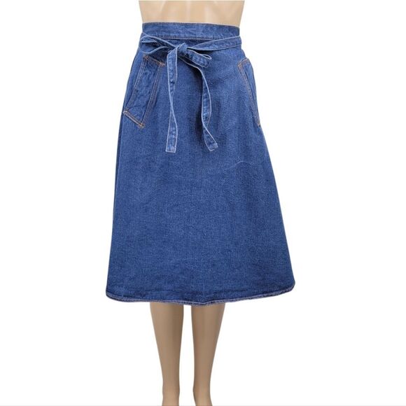 70s Denim A-Line Wrap Midi Skirt with Tie Waist Vintage - Picture 1 of 12